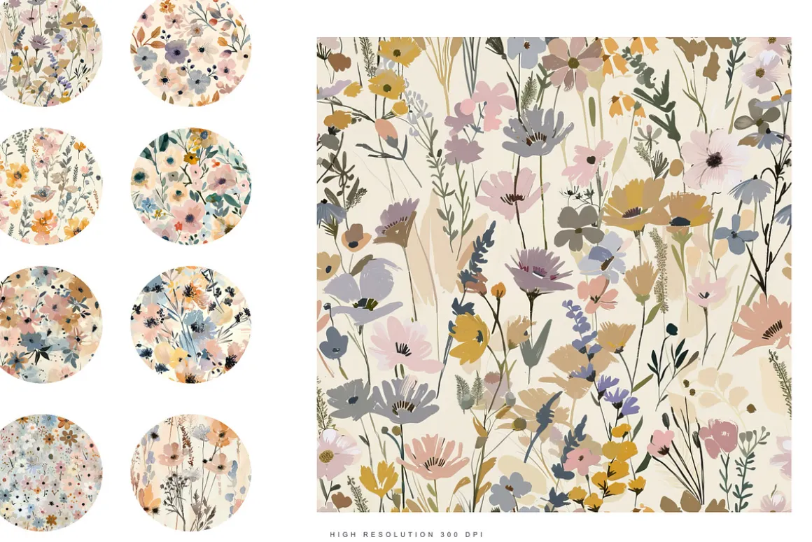 8 meadow flowers seamless patterns