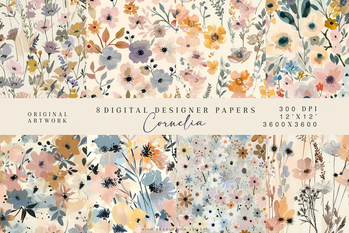 8 meadow flowers seamless patterns