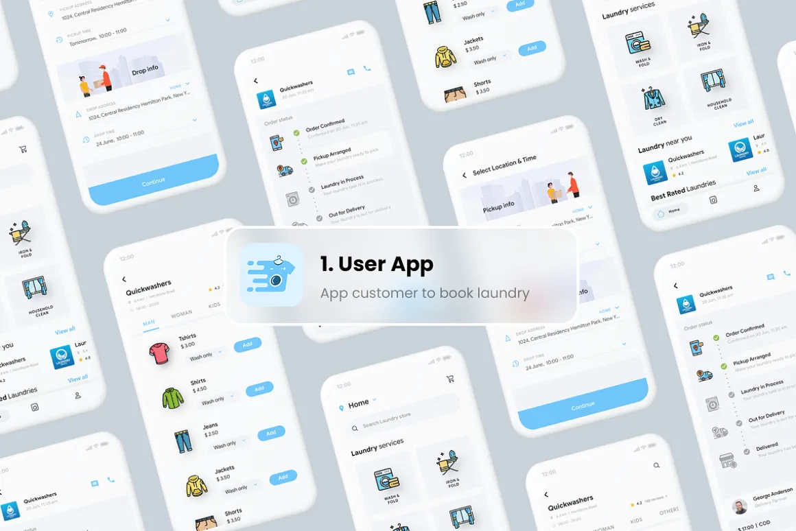 3 Apps UI|Anywash Laundry App UI Kit