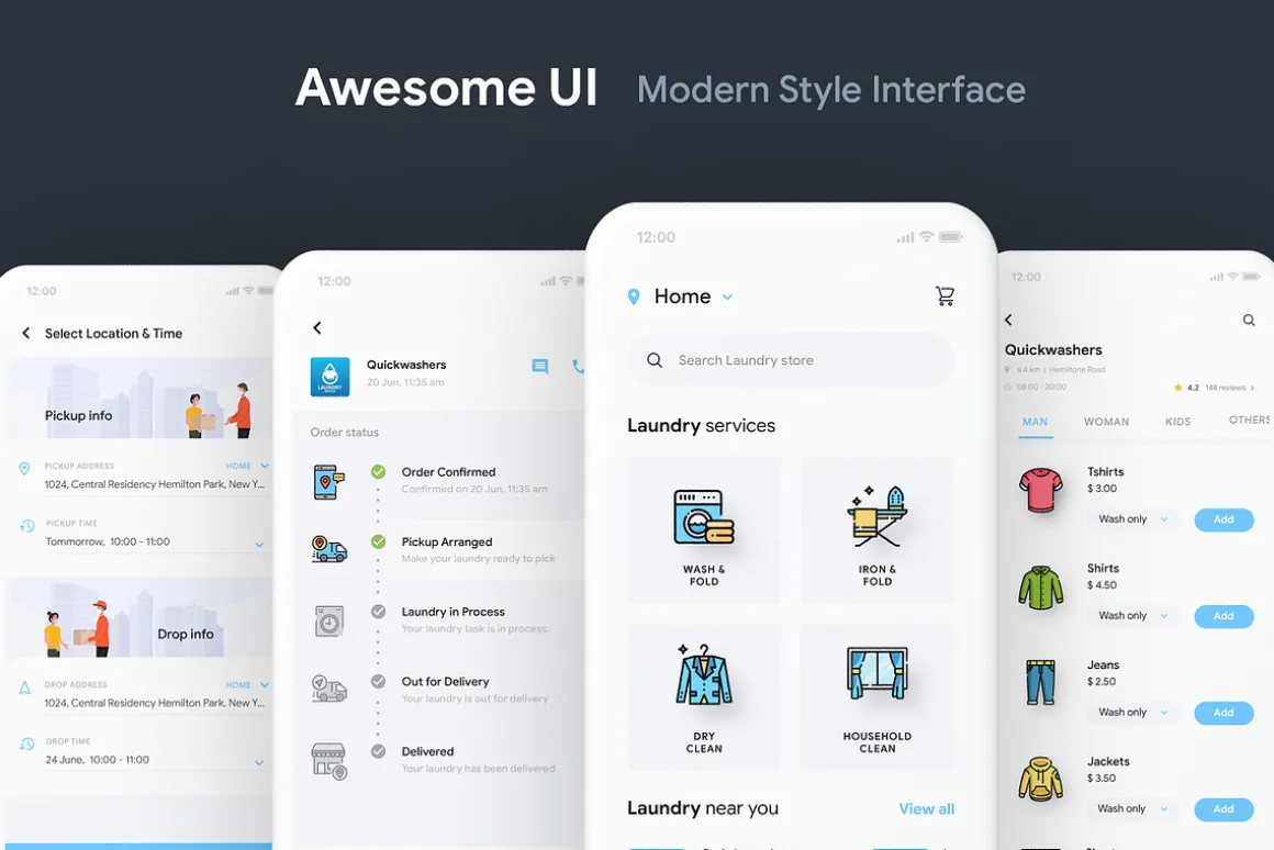 3 Apps UI|Anywash Laundry App UI Kit