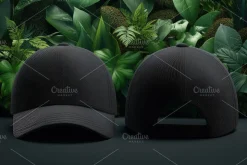 A black baseball cap mockup from the front and back against a lush green fo...