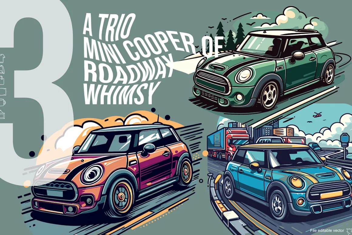 A Trio Mini Cooper of Roadway Whimsy