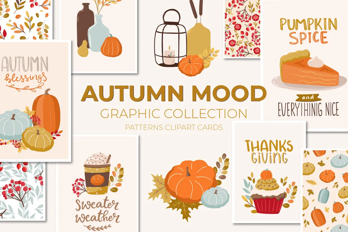 Autumn mood patterns&clipart bundle