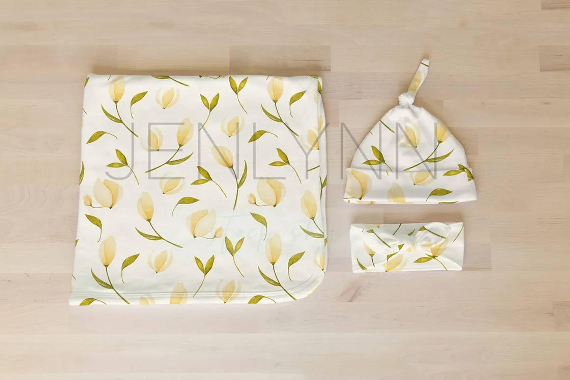 Baby Blanket, hat + bow set Mockup