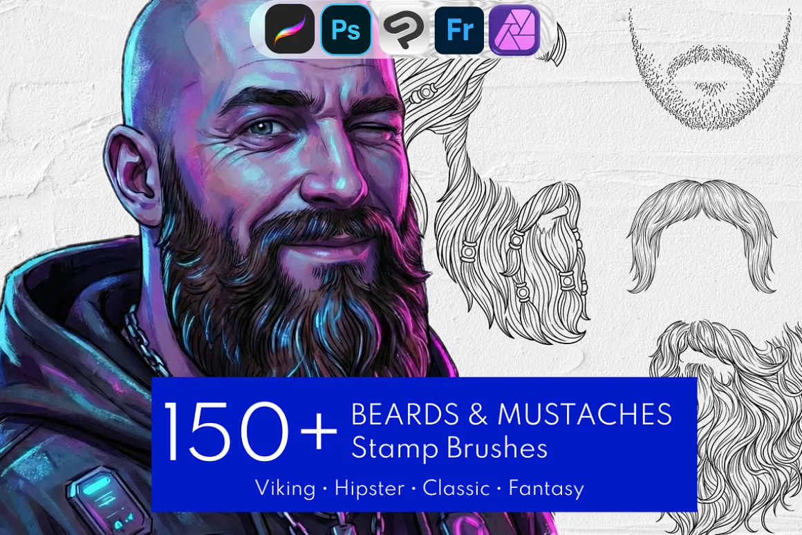 150 Beard & Mustache Procreate Stamp