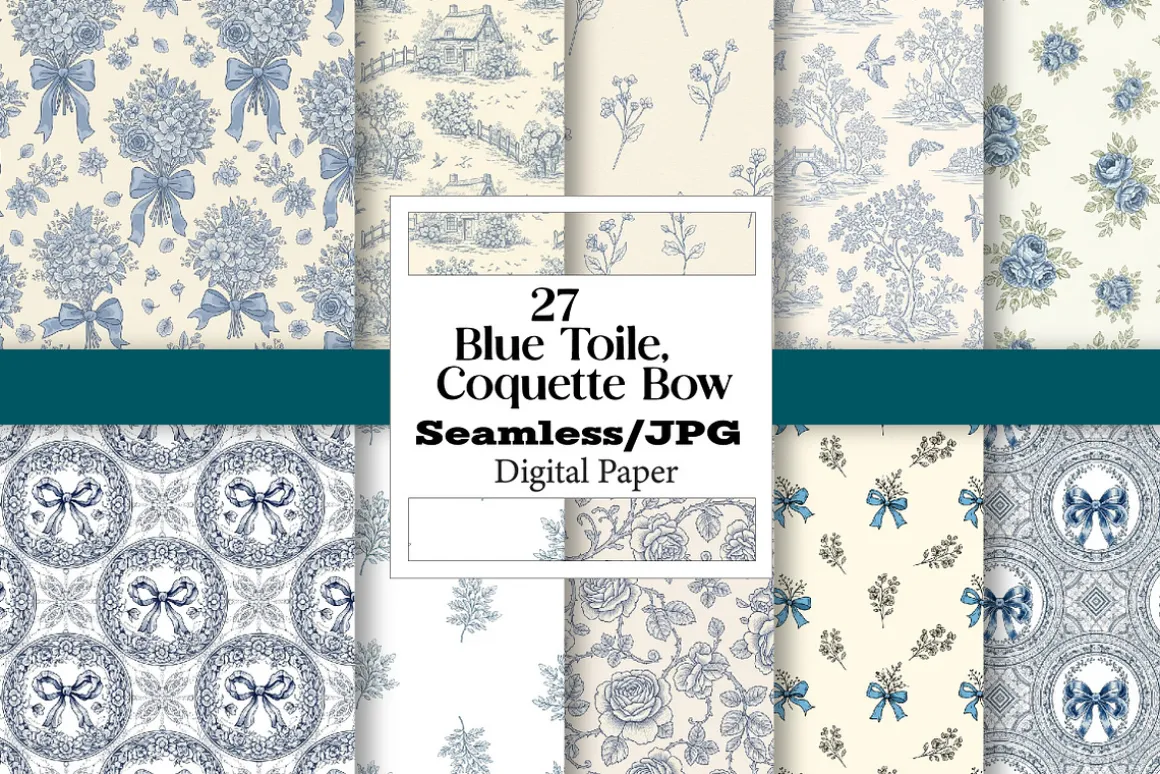 Blue Toile Digital Paper, Coquette