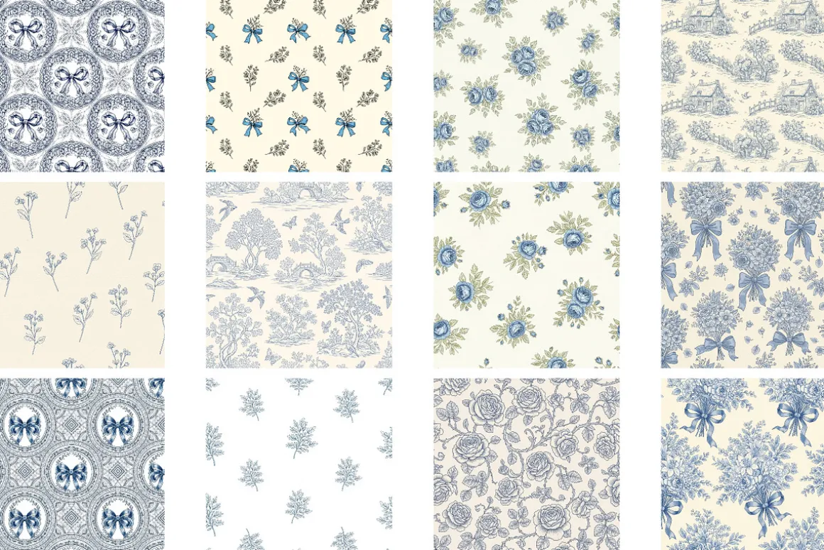 Blue Toile Digital Paper, Coquette