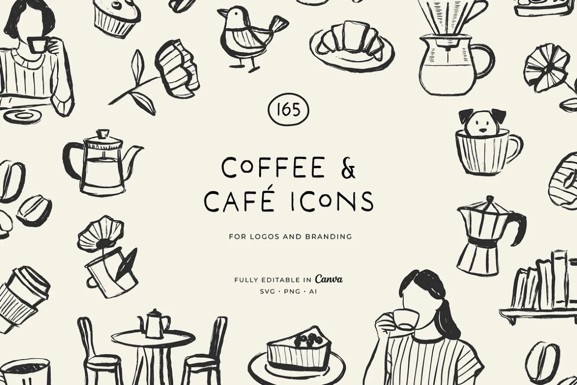 CAFÉ & COFFEE line art illustrations