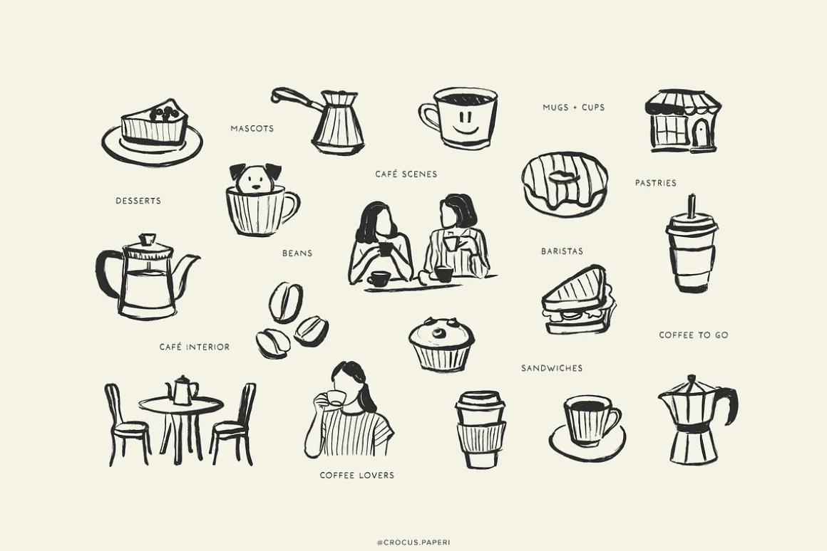 CAFÉ & COFFEE line art illustrations