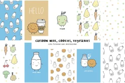 Cartoon milk, cookies, vegetables