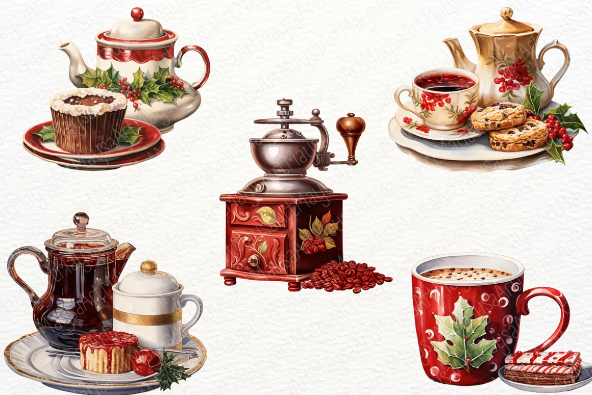 Christmas Coffee Watercolor Clipart