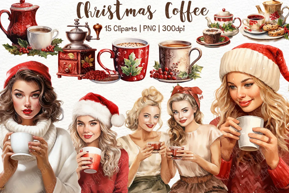 Christmas Coffee Watercolor Clipart