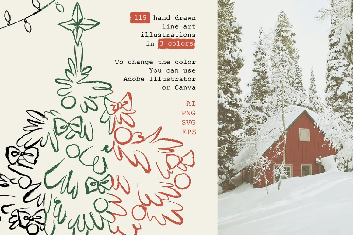 Christmas Line Art Hand Drawn Set