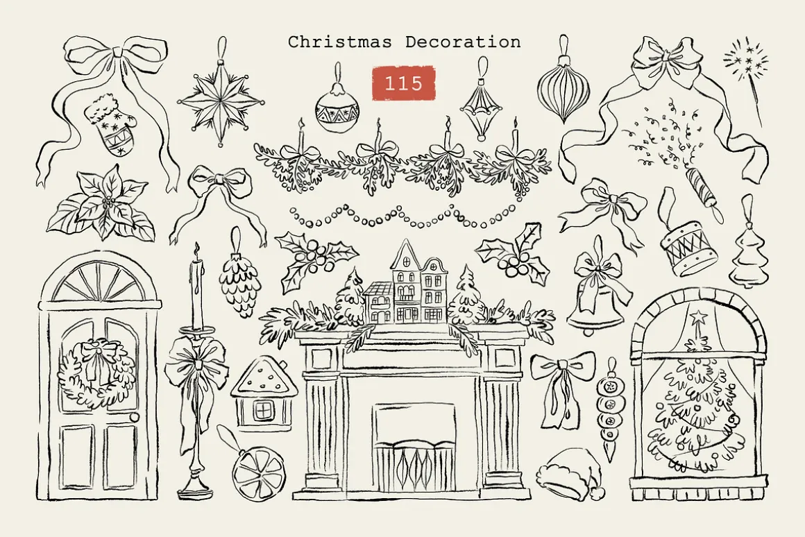 Christmas Line Art Hand Drawn Set