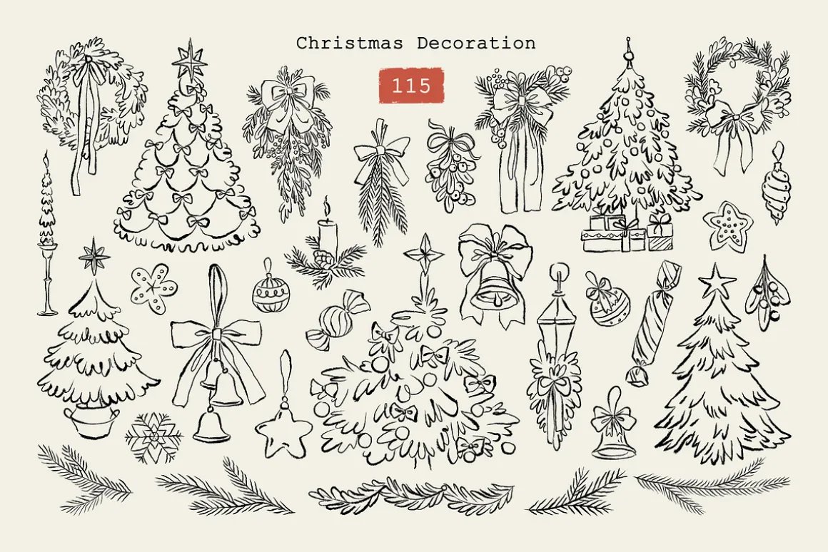 Christmas Line Art Hand Drawn Set