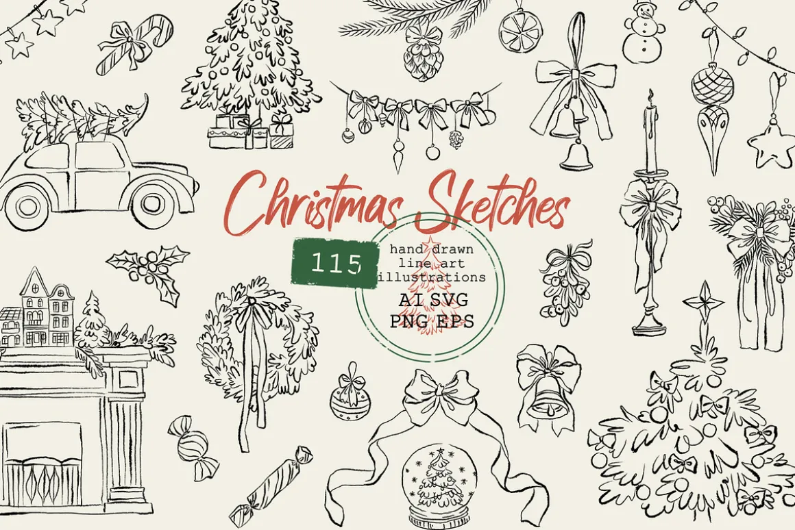 Christmas Line Art Hand Drawn Set