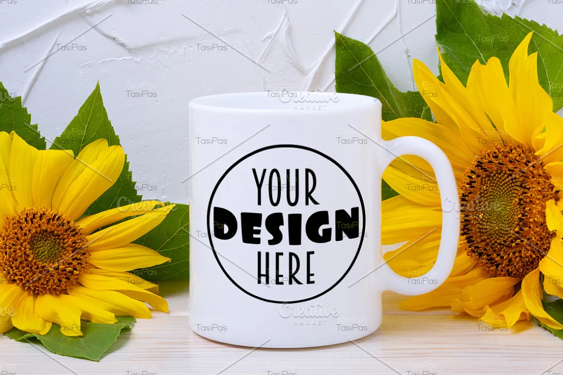Coffee mug mockup with sunflowers