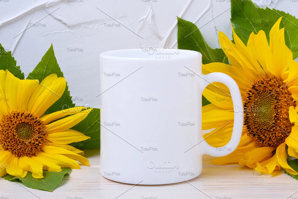 Coffee mug mockup with sunflowers