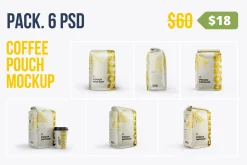 Coffee pouch mockup. Pack 6 PSD
