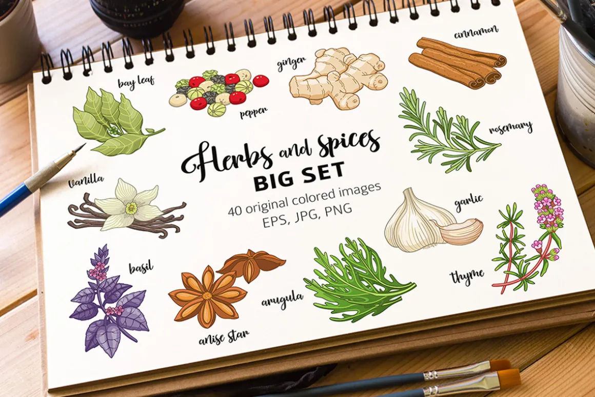 40 colored spices and herbs