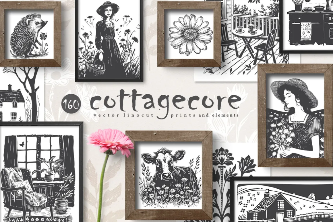 160 Cottagecore Linocut Collection