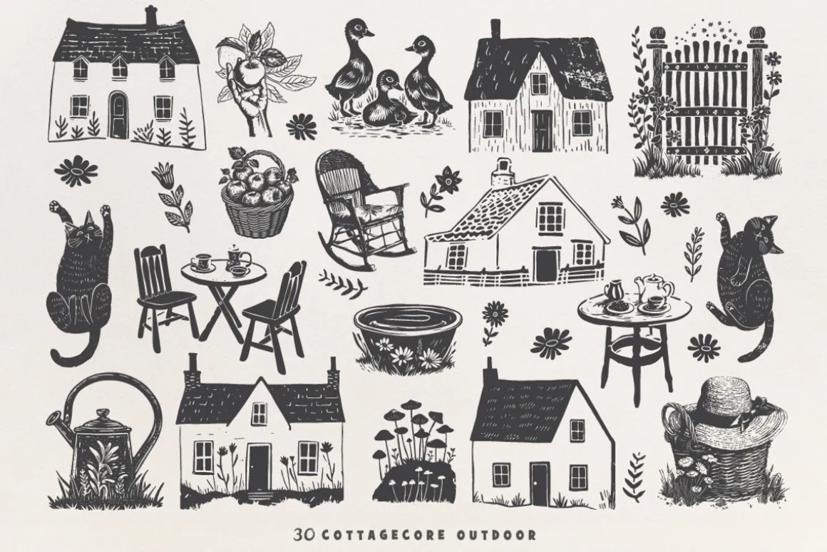 160 Cottagecore Linocut Collection