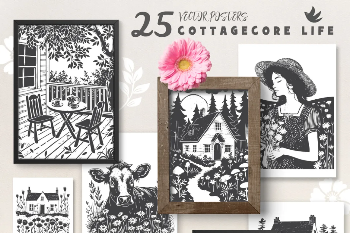 160 Cottagecore Linocut Collection