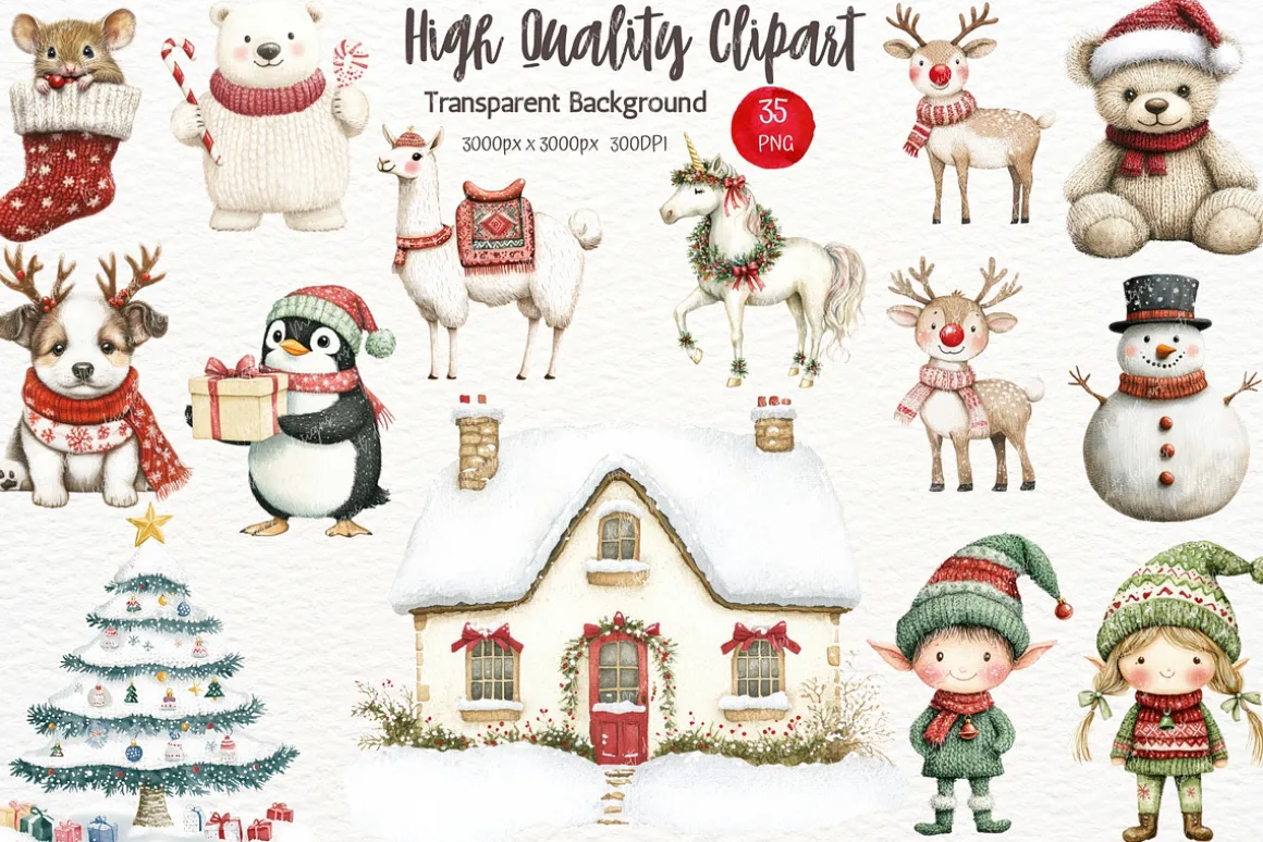 Cute Christmas Watercolor Clipart