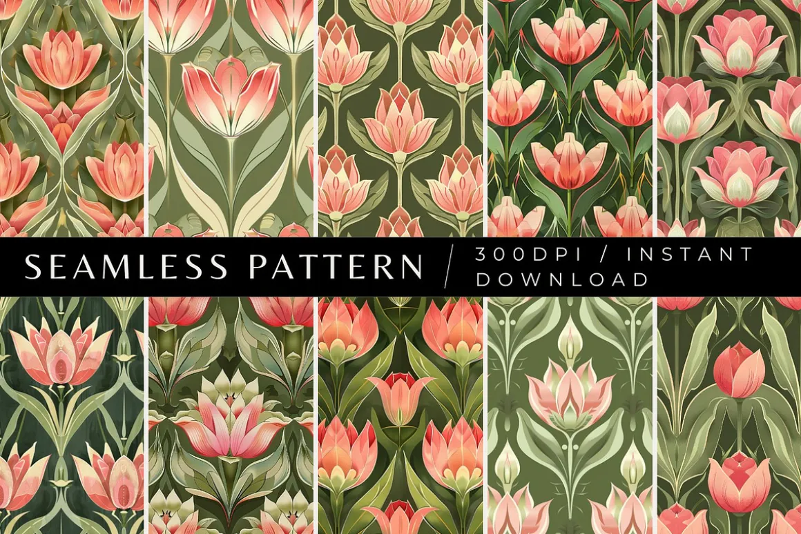 10 Deco Tulips Seamless Patterns