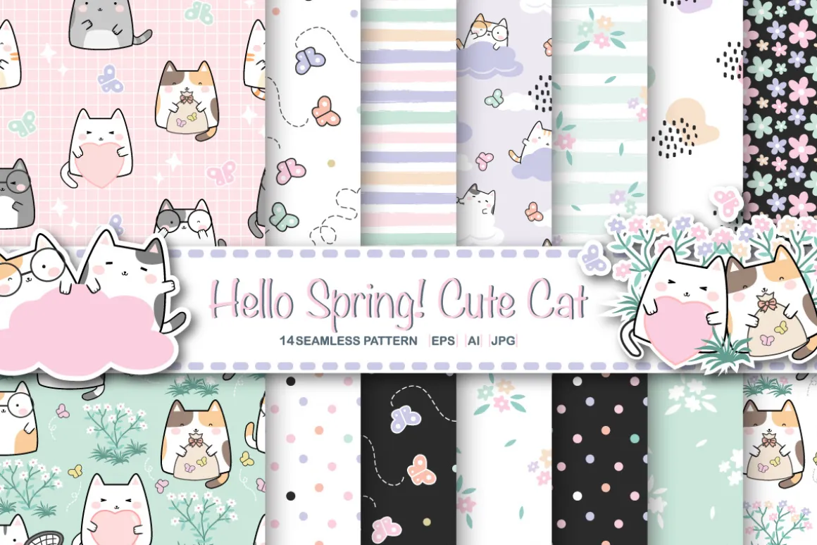 Digital Paper Pack HELLO SPRING Cats
