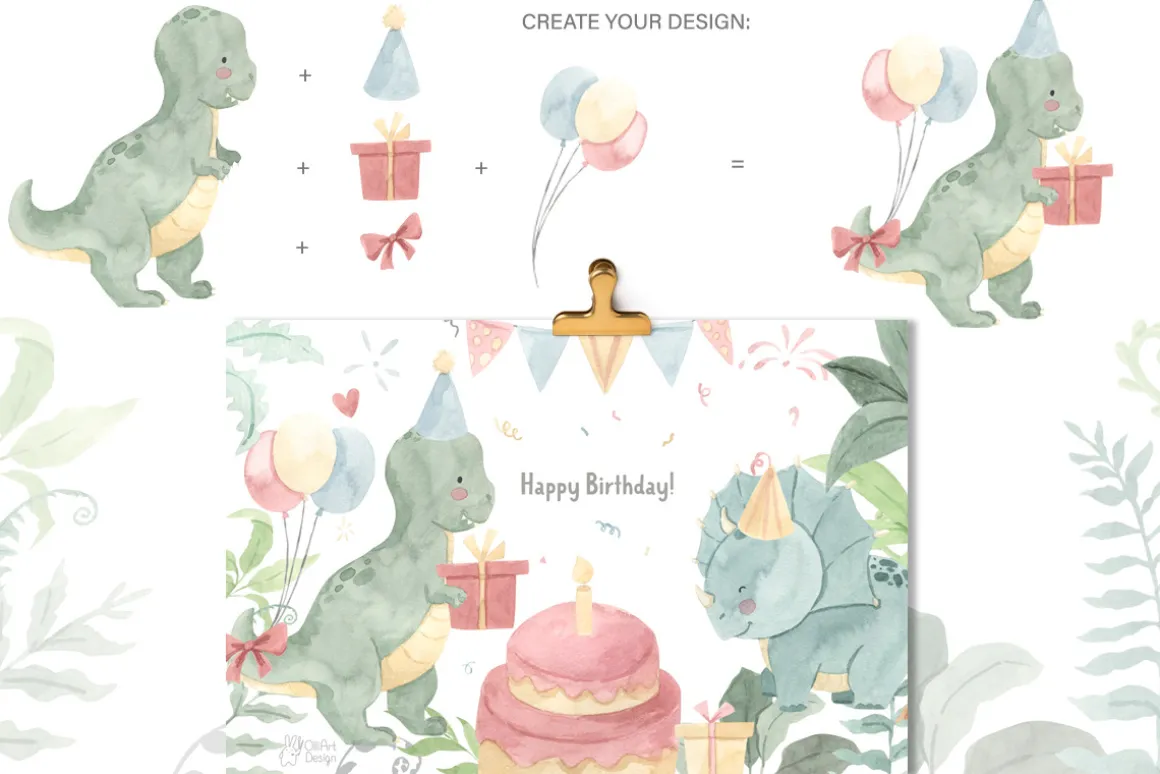 DINOSAUR watercolor clipart.