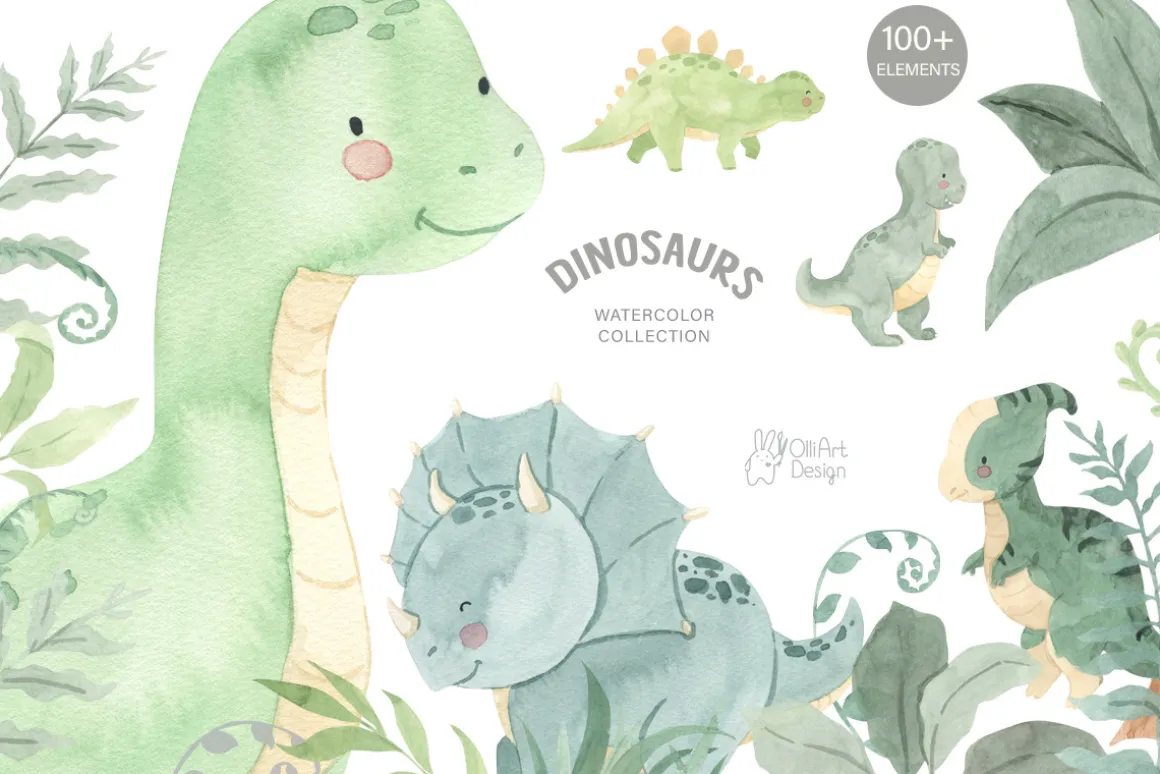 DINOSAUR watercolor clipart.