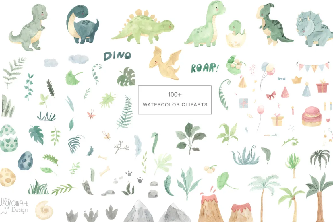 DINOSAUR watercolor clipart.