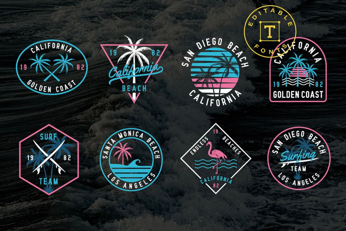 Editable Neon Surf Badges