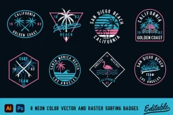 Editable Neon Surf Badges