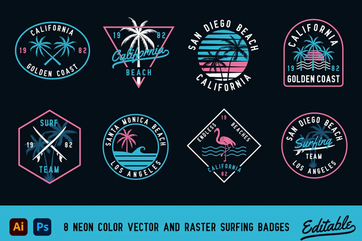 Editable Neon Surf Badges
