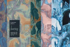 Floral horse seamless watercolor set