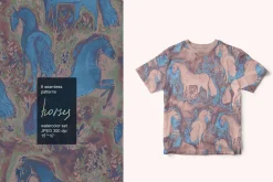 Floral horse seamless watercolor set
