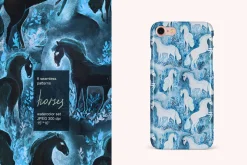 Floral horse seamless watercolor set