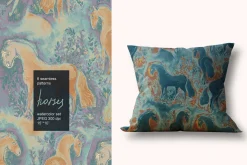 Floral horse seamless watercolor set
