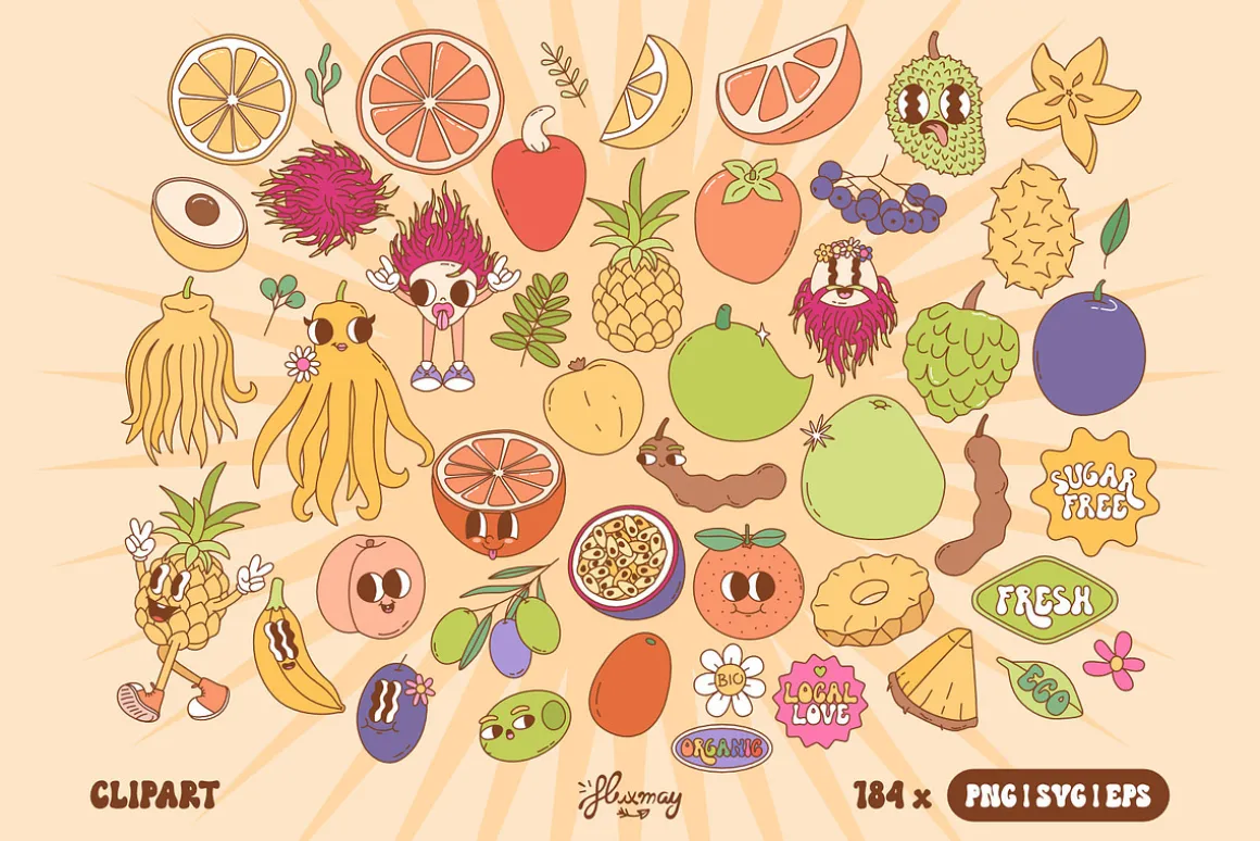 Groovy Retro Fruit Characters bundle