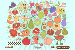 Groovy Retro Fruit Characters bundle