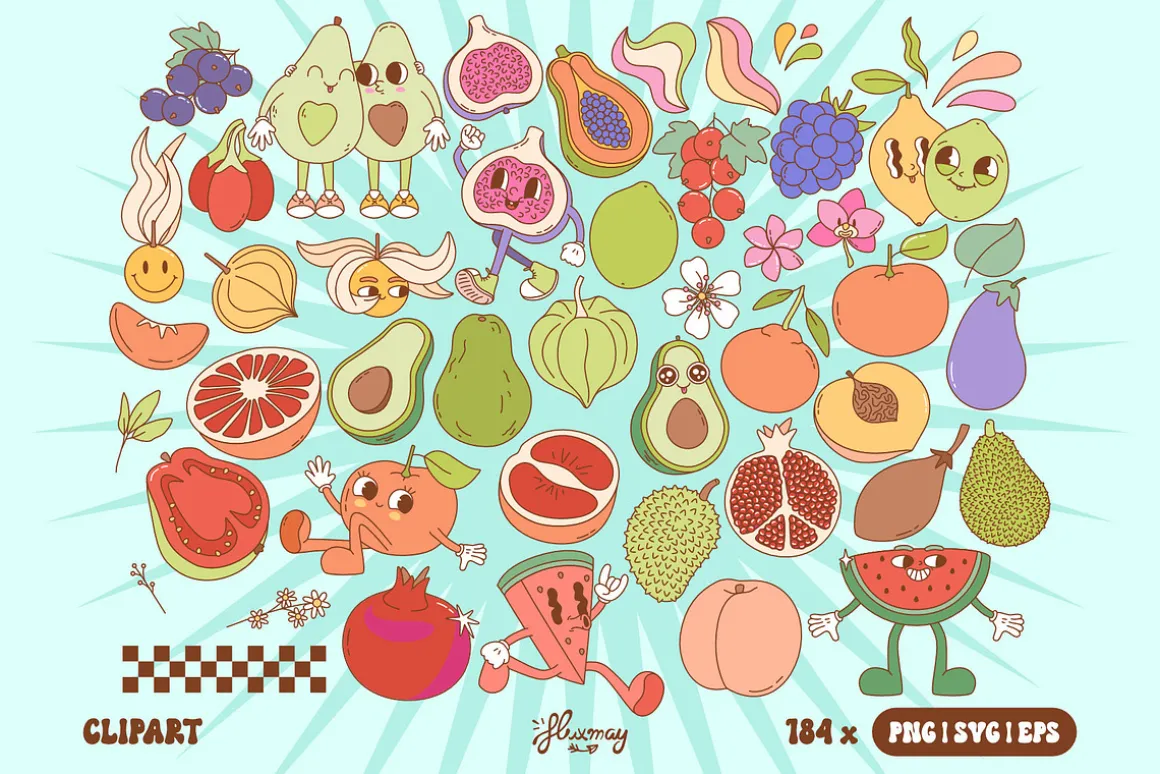 Groovy Retro Fruit Characters bundle