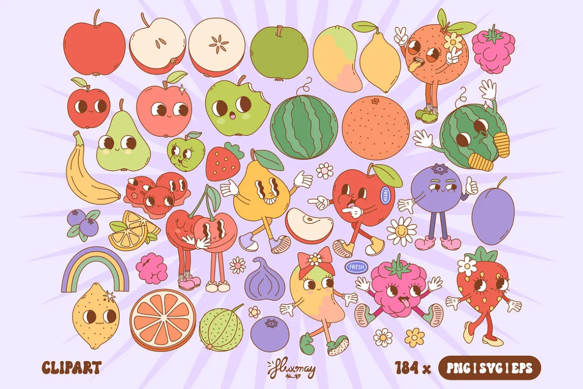 Groovy Retro Fruit Characters bundle
