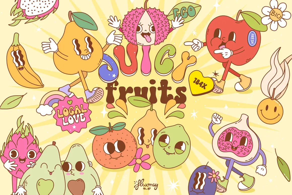 Groovy Retro Fruit Characters bundle