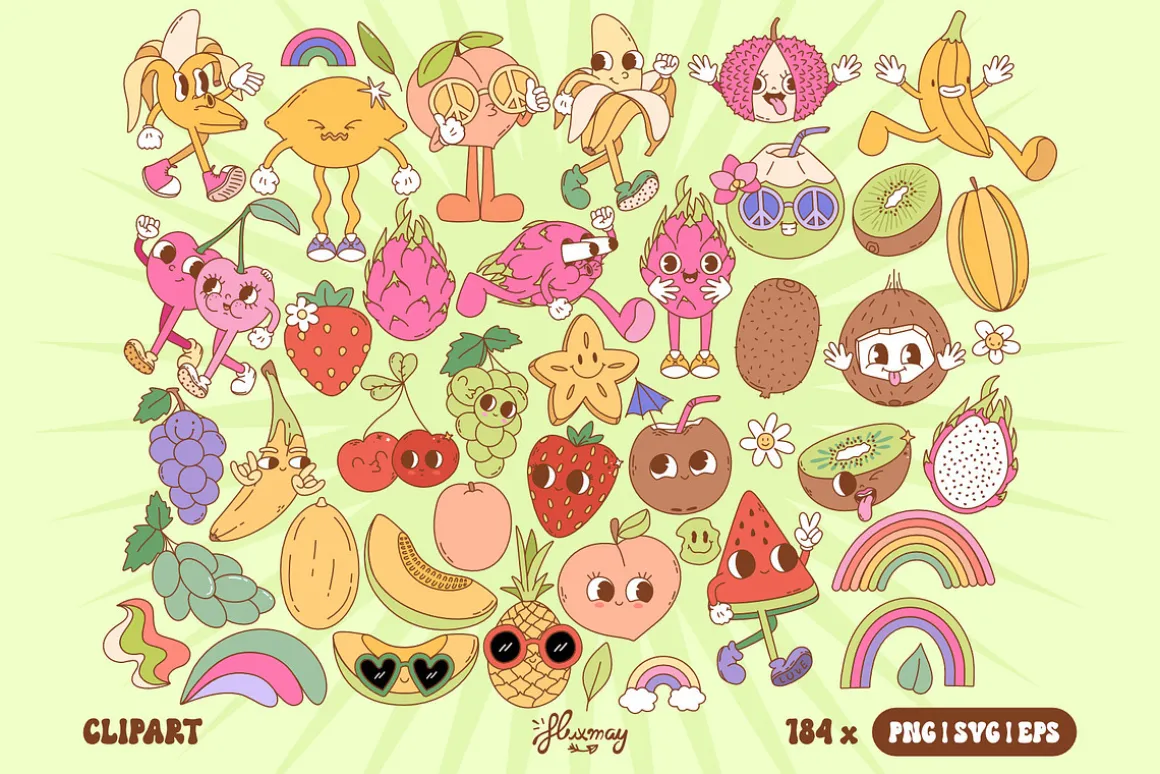 Groovy Retro Fruit Characters bundle