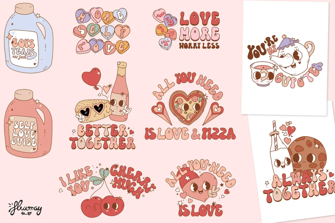 Groovy retro Valentine - clipart set