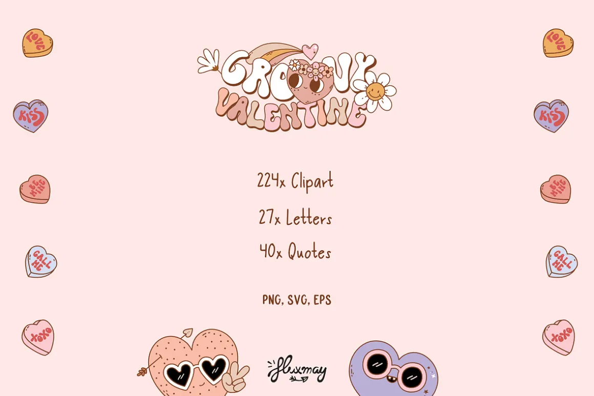 Groovy retro Valentine - clipart set