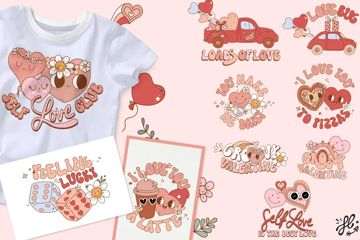 Groovy retro Valentine - clipart set