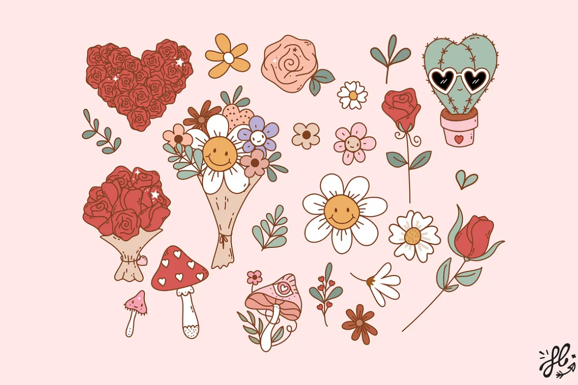 Groovy retro Valentine - clipart set